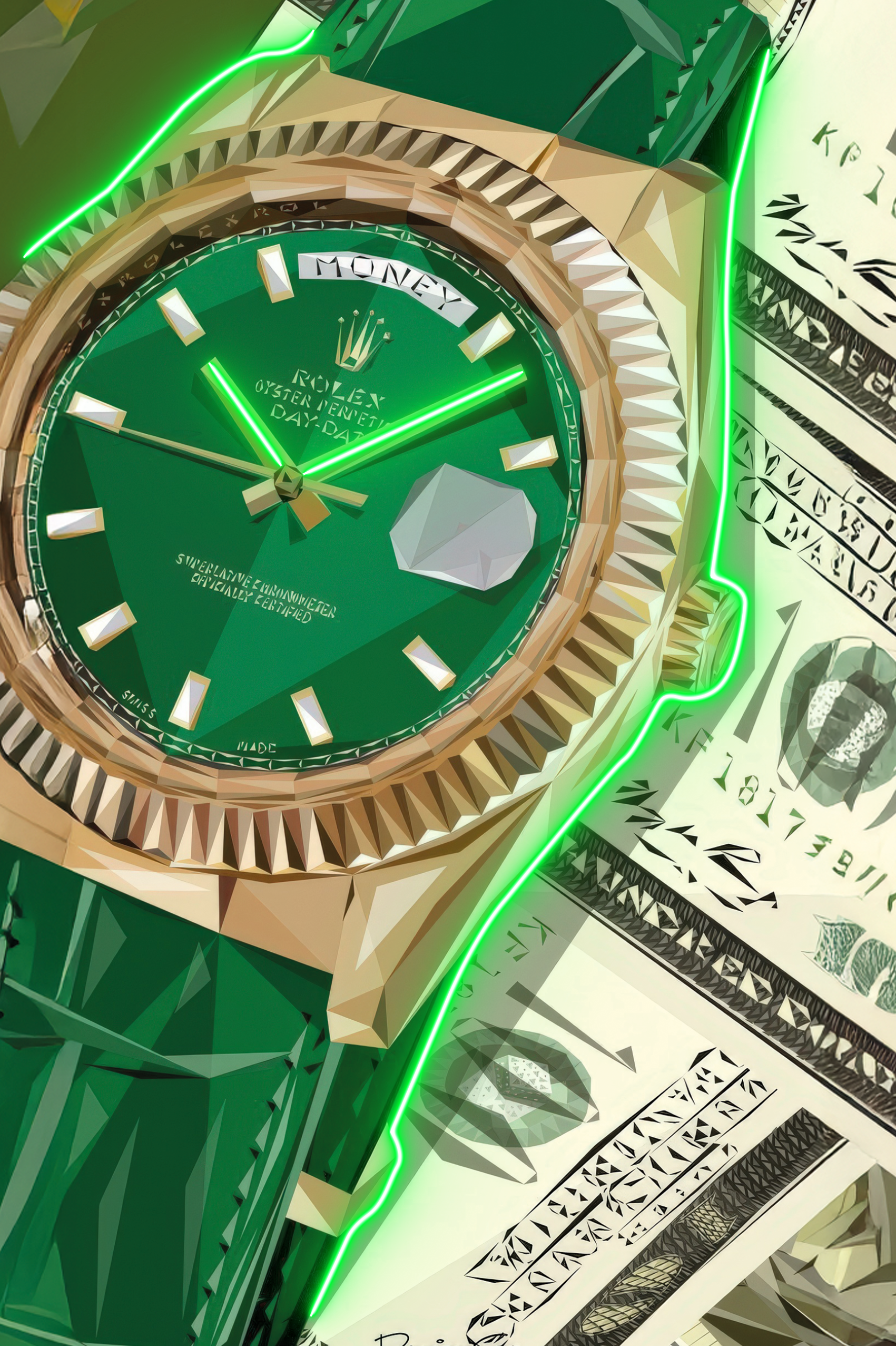 MONEY TIME – Tableau LED Rolex Verte & Billets | Luxe & Prestige Eclarys