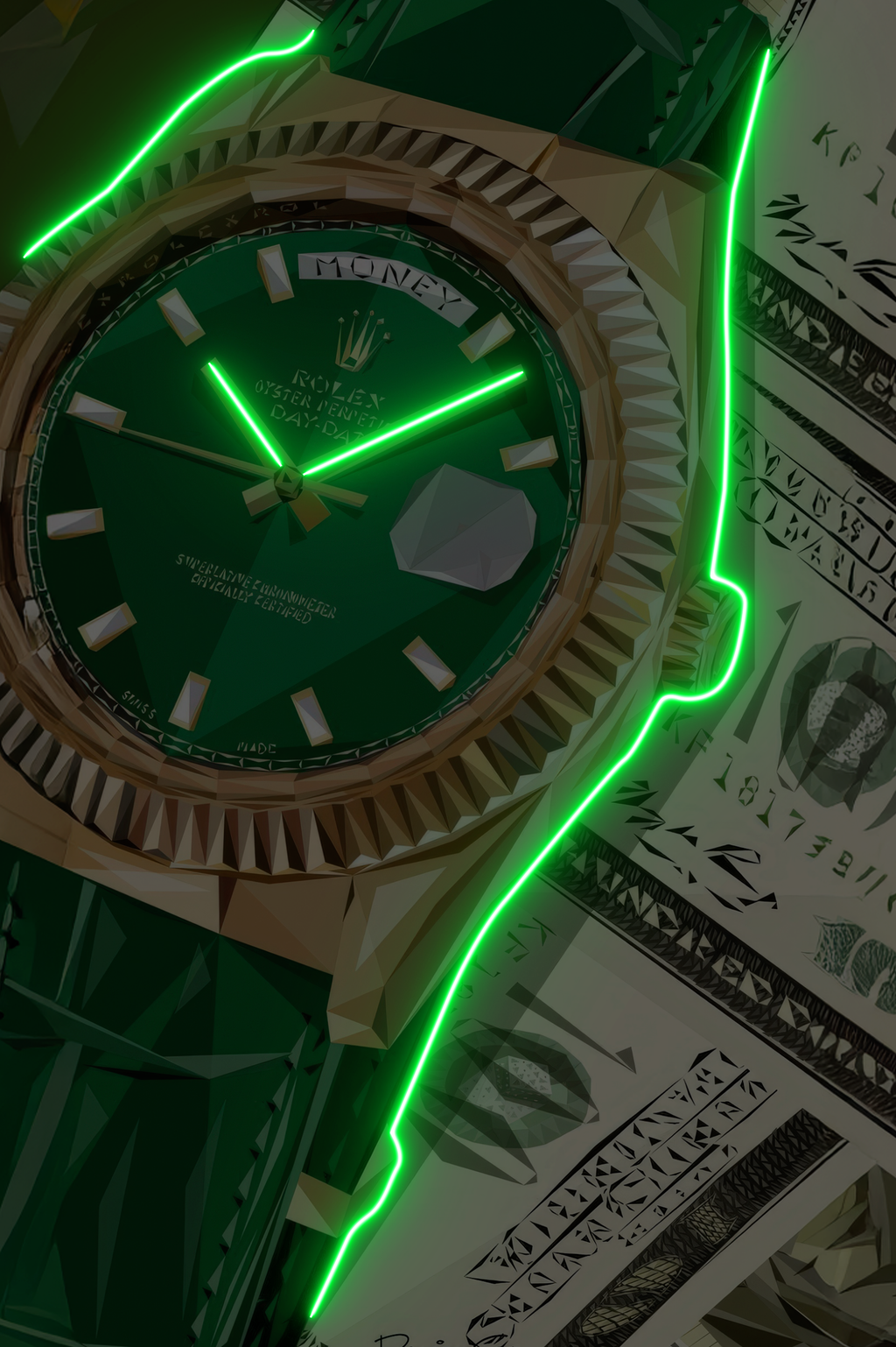 MONEY TIME – Tableau LED Rolex Verte & Billets | Luxe & Prestige Eclarys